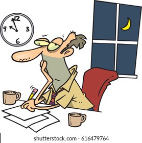 cartoon man working late