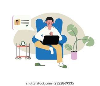 Cartoon man working from modern convenient workplace on laptop and drinking coffee. Benefit of remote job. Distant work and telecommuting career. Vector illustration