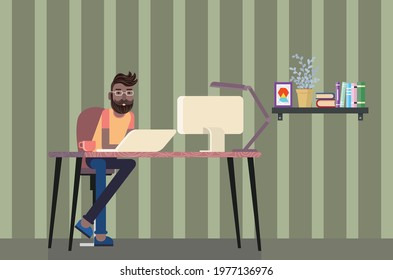 Cartoon man working at office desk, work from home concept.