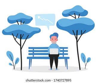 A cartoon of man is working on computer, laptop in the park while sitting on a bench