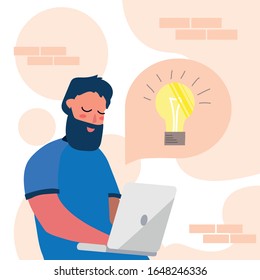 Cartoon Man Working on Laptop. Male Developer, Office Character Creating Idea for Startup, Implementing Business Solution. Metaphor Light Bulb. Success Digital Marketing. Vector Flat Illustration