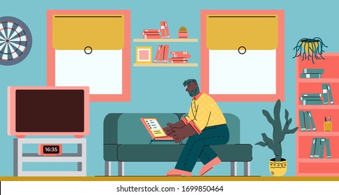 Cartoon man working on laptop on living room sofa - modern apartment interior