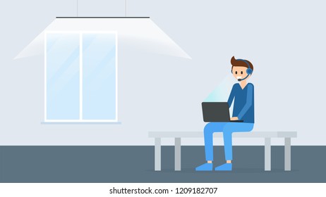 Cartoon man working on modern laptop poster. Smiling boy in headset sitting on bench with pc and communicate to someone vector illustration