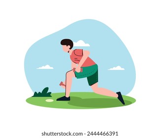 Cartoon man working out with dumbbells for gaining muscles flat vector illustration. Sports, fitness, motivation concept for banner, website design or landing web