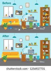 Cartoon Man at Workplace Horizontal Card Poster Creative Workspace in House Clutter Concept Element Flat Design Style. Vector illustration