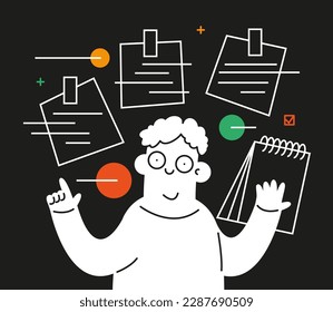 Cartoon man writes notes. Businessman writes on stickers and develop a business project. Brainstorming and creative thinking. Successful completion of business tasks. Flat vector illustration.