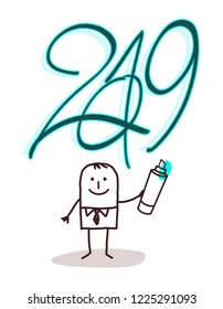 Cartoon Man Writing a 2019 Blue Green Sign