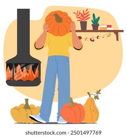 Cartoon Man In Yellow Sweater Holding A Pumpkin In Front Of His Face Near A Fireplace. Surrounded By Pumpkins And Plants, Cartoon Vector Warm Autumn Scene Evokes Feelings Of Coziness And Celebration