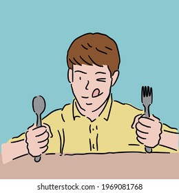 Cartoon man with yummy face holding spoon and fork 