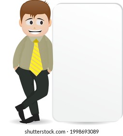 cartoon manager with expression standing beside blank banner