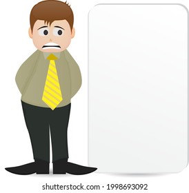 cartoon manager with expression standing beside blank banner