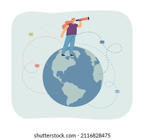 Cartoon manager looking through spyglass while standing on globe. Letters from different parts of world flat vector illustration. Global communication or business concept for banner, landing web page