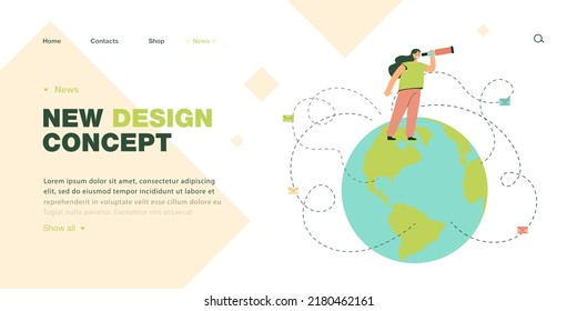 Cartoon manager looking through spyglass while standing on globe. Letters from different parts of world flat vector illustration. Global communication or business concept for banner, landing web page