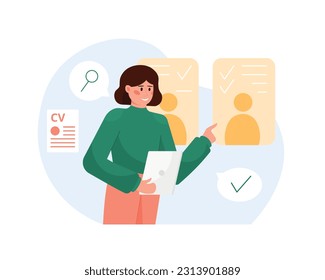 Cartoon manager selects job candidates by reviewing and approving forms. Process of searching new employee. Selecting resumes of job seekers. Flat style vector illustration
