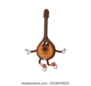 Cartoon mandolin groovy musical instrument character. Isolated vector plucked fantasy retro personage with long vulture and strings. Asian smiling oriental instrument for playing ethnic or folk music