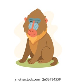 Cartoon mandrill with colorful face sitting on grass, mandrill bright stripes and friendly posture make it ideal for educational projects and jungle-themed materials.