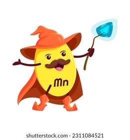 Cartoon manganese or manganum micronutrient mineral warlock character. Isolated vector funny Mn wizard food supplement in witch hat, cape holding wand. Nutrient element bubble mage, capsule personage