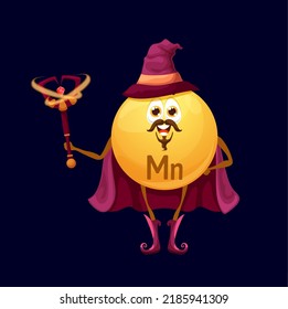 Cartoon manganese or manganum micronutrient warlock character. Isolated vector funny Mn wizard food supplement in witch hat, cape holding staff in hand. Nutrient element bubble mage, capsule personage