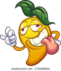 Cartoon mango character with sleepy eyes making an okay hand sign. Vector clip art illustration with simple gradients. 
