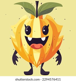 Cartoon Mango fruit character on a yellow background. Vector illustration.