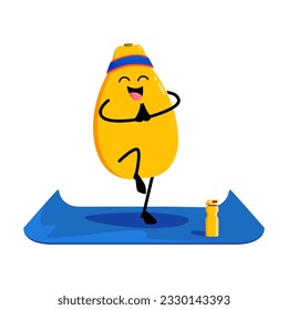 Cartoon mango fruit character on yoga fitness. Isolated healthy tropical fruit personage on workout, mango cheerful mascot or vector character practicing yoga, doing fitness training on mat