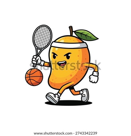 Cartoon mango fruit character playing tennis and basketball with a determined expression