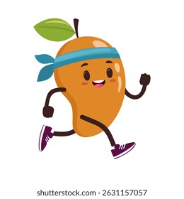 Cartoon mango fruit character running with headband and sneakers. Sporty and active fruit mascot in flat style illustration