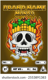 Cartoon Mango Fruit on Skull Head Smoking And Burning Fire Backgrounds. For Product Packaging Cover. Vectors Illustrations