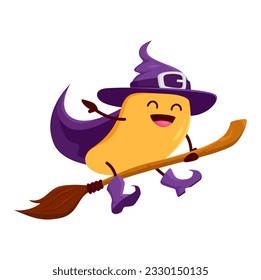 Mago de la fruta de mango de dibujos animados o palo de bromstick de personaje mago. Funny personaje de Halloween mágico vectorial en el sombrero volando con escoba de madera. Sonriente de frutos tropicales con aguijón o hechicero con cara linda