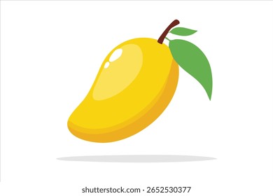 Cartoon Mango Illustration with Leaf and Shadow on White Background