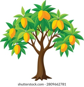 Cartoon Mango Tree with Ripe Fruit and Green Leaves