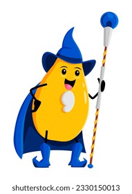 Cartoon mango tropical fruit wizard, warlock or magician character. Funny vector sorcerer, magic personage in witch hat with staff. Smiling ripe wiz with beard. Tropic fruity enchanter necromancer