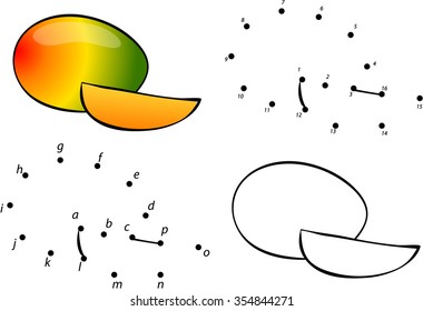 Cartoon mango. Vector illustration. Coloring and dot to dot educational game for kids