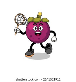Cartoon of mangosteen catching a butterfly , character design