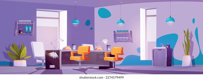 Diseño interior de salón de manicura con mobiliario. Ilustración vectorial del salón de belleza con mesas, sillas, ventanas, esmalte de uñas y botellas de crema de mano en las estanterías. Equipo de cuidado de los dedos