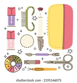 Cartoon manicure salon nail care routine. Various manicure supplies, equipment, tools. Nail scissors, nail file, tweezers, nail polish, hand cream, brush.