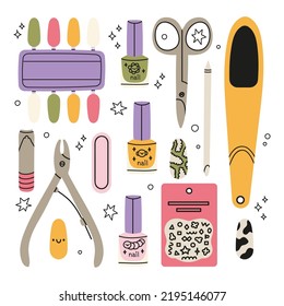 Cartoon manicure salon nail care routine. Various manicure supplies, equipment, tools. Nail scissors, nail file, tweezers, nail polish, hand cream, brush.