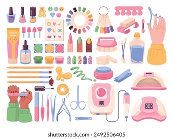 Cartoon manicure tools. Female hands hygiene manicure professional equipment nail care polish pedicure stylish fingernail cosmetics salon, scissors brush swanky vector illustration authors graphics