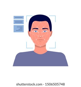 Cartoon Man's Face In Facial Recognition Technology Device With Connected White Lines And Dots. Digital Identity Verification Scanner - Flat Isolated Vector Illustration