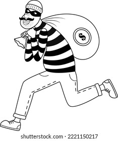 Cartoon man-thief running away with a bag of money, vector illustration. Black outline and white color.