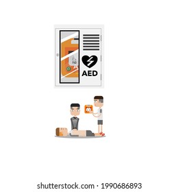 Cartoon of manual chest compression and AED user. 