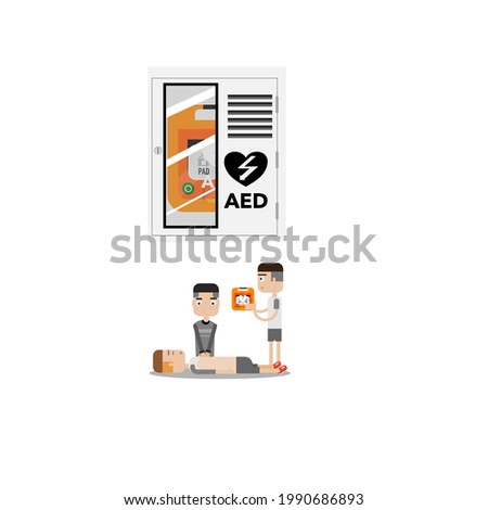 Cartoon of manual chest compression and AED user. 