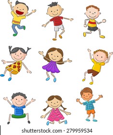 Cartoon many kids jumping together and happy