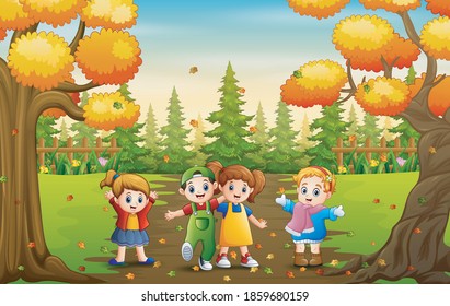 Cartoon of many kids playing in autumn park