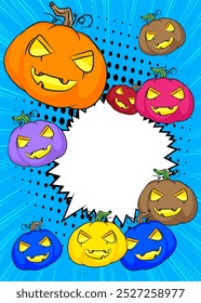 Desenhos animados muitos pequeno Halloween Pumpkin com balão em branco, história em quadrinhos Jack O' Lantern fundo. Quadrinhos vetoriais retrô com design de arte pop.