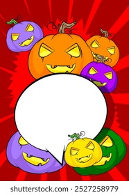 Desenhos animados muitos pequeno Halloween Pumpkin com balão em branco, história em quadrinhos Jack O' Lantern fundo. Quadrinhos vetoriais retrô com design de arte pop.