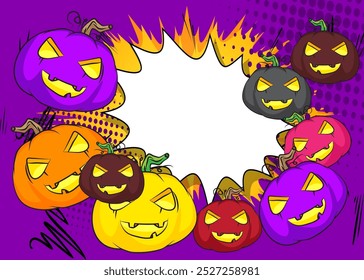 Desenhos animados muitos pequeno Halloween Pumpkin com balão em branco, história em quadrinhos Jack O' Lantern fundo. Quadrinhos vetoriais retrô com design de arte pop.