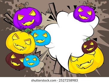 Desenhos animados muitos pequeno Halloween Pumpkin com balão em branco, história em quadrinhos Jack O' Lantern fundo. Quadrinhos vetoriais retrô com design de arte pop.