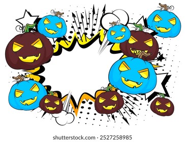 Desenhos animados muitos pequeno Halloween Pumpkin com balão em branco, história em quadrinhos Jack O' Lantern fundo. Quadrinhos vetoriais retrô com design de arte pop.