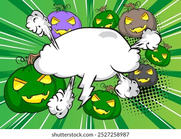 Desenhos animados muitos pequeno Halloween Pumpkin com balão em branco, história em quadrinhos Jack O' Lantern fundo. Quadrinhos vetoriais retrô com design de arte pop.